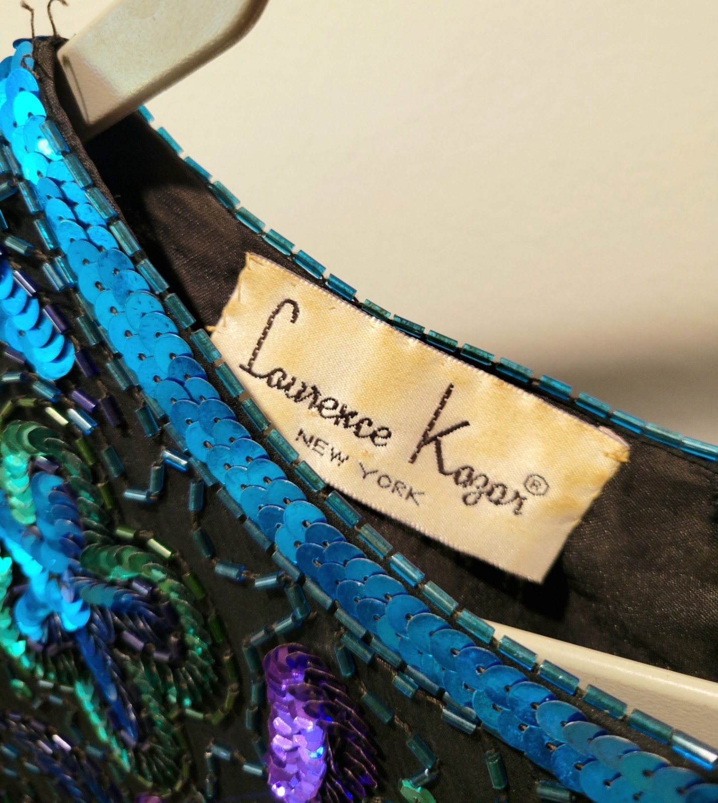 100% SILK Laurence Kazar Vintage Beaded/Sequined Embellished Blouse Blk/Blu PL