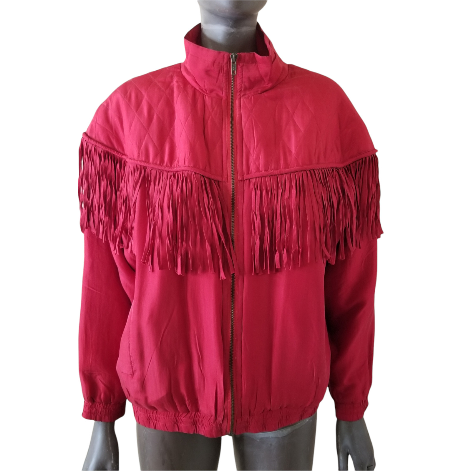 Vintage ROBERT STOCK Bomber Jacket Fringed Red Silk Quilted Full Zip Medium