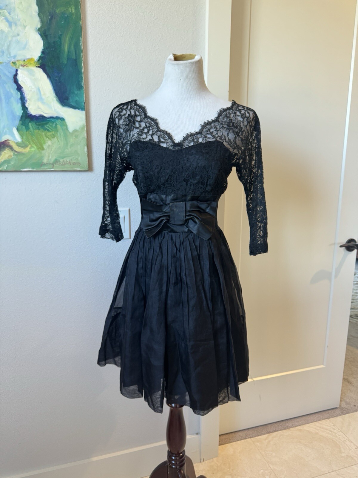 Vtg 60’s black lace fit & flare Silk Organza cocktail Mini Dress Med