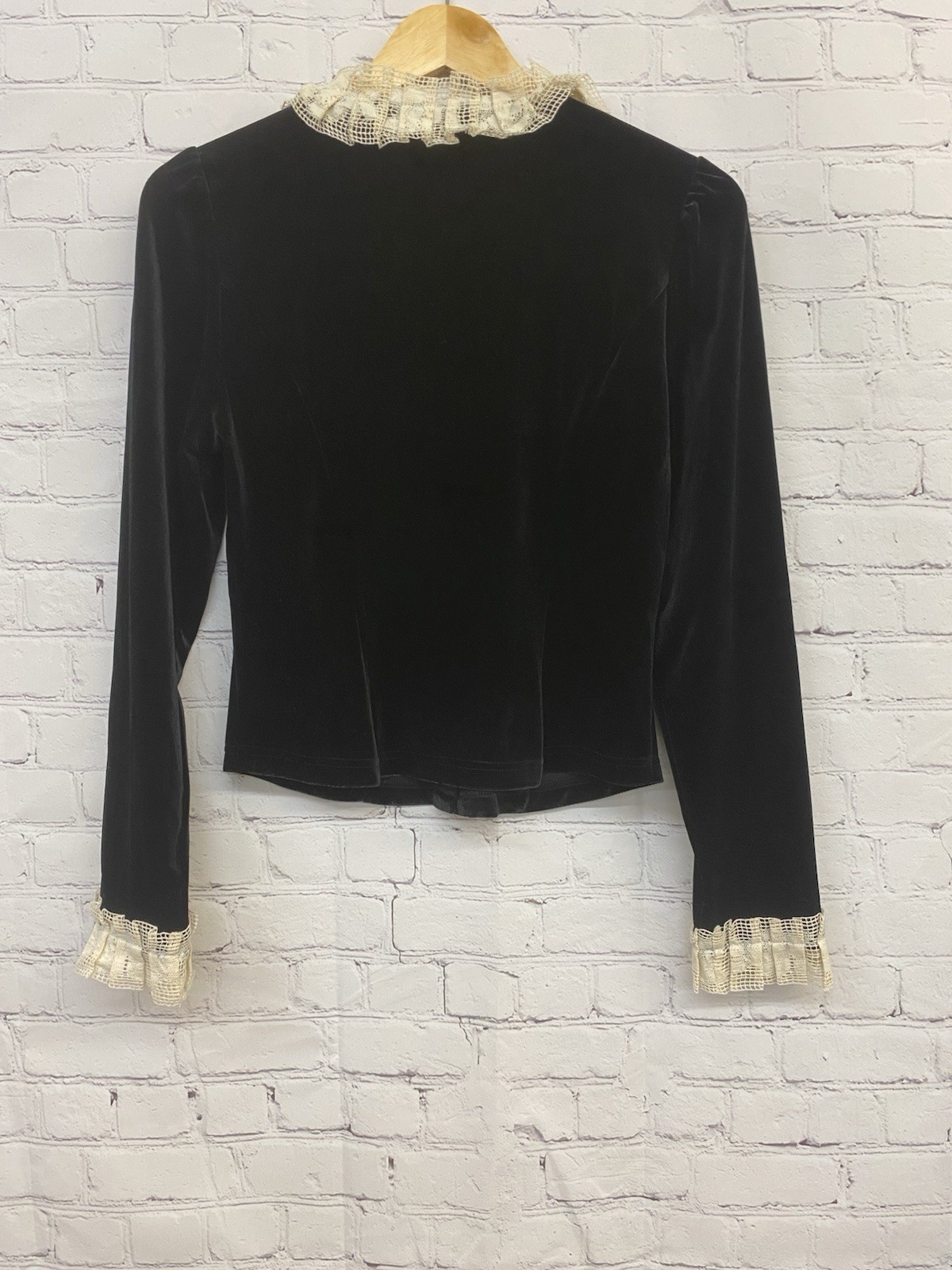 Vtg 80s Simple Retro Velvet Blouse Lace Cottage Core Collared Jacket Silk