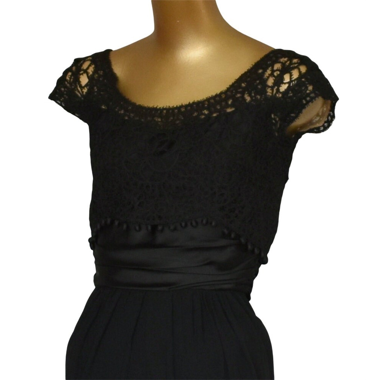 Vintage 50s Carlye Cocktail Dress, Black Lace Rayon Crepe Wiggle Dress, XXS 2XS