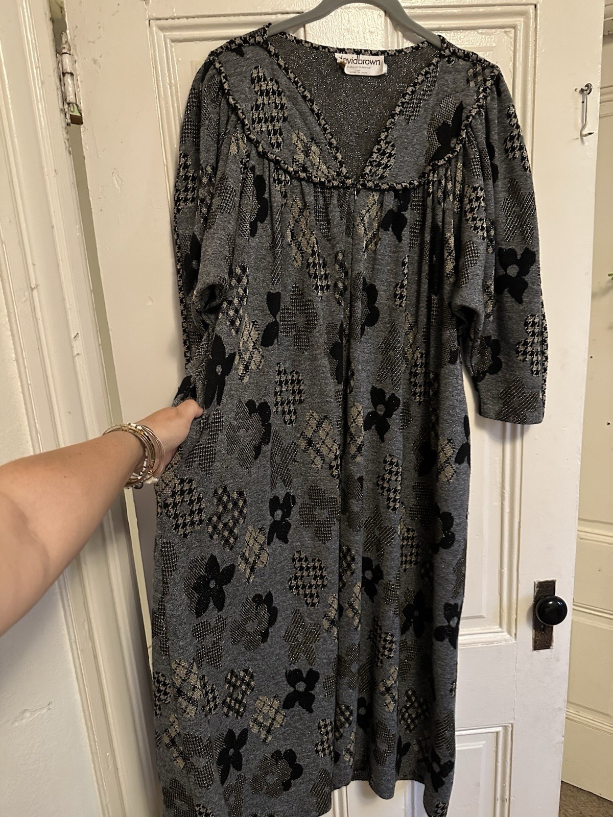 Stunning David Brown, 1970s metallic balloon sleeve houndstooth flower dress