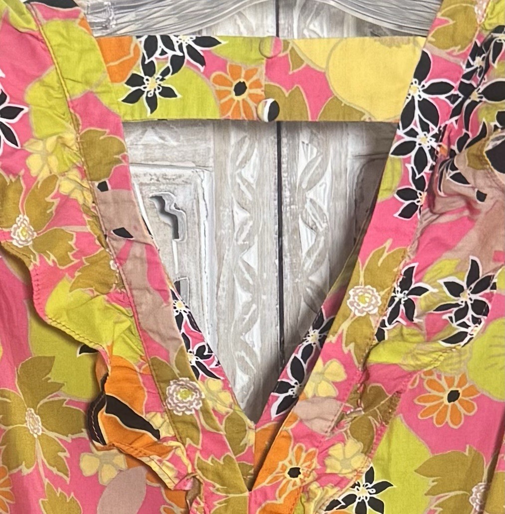 Vintage Neon Floral Cotton SZ M Dress Vneck Ruffles Surfer Girl Beach Boho Luau