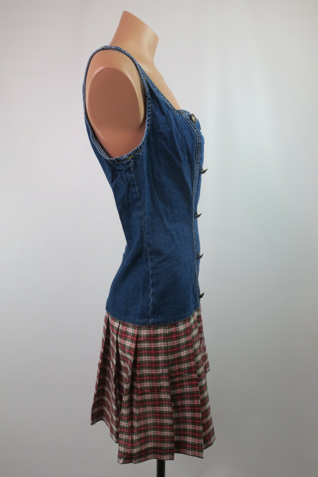 Plaid Pleated Rockabilly Grunge Dress y2k VTG 90s Paris Blues Denim Drop Waist