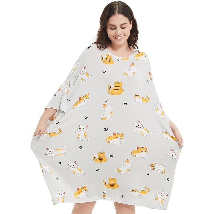 KFUBUO Plus Size Nightgowns for Women Grey Cat Fit S-5XL Oversized Sleep