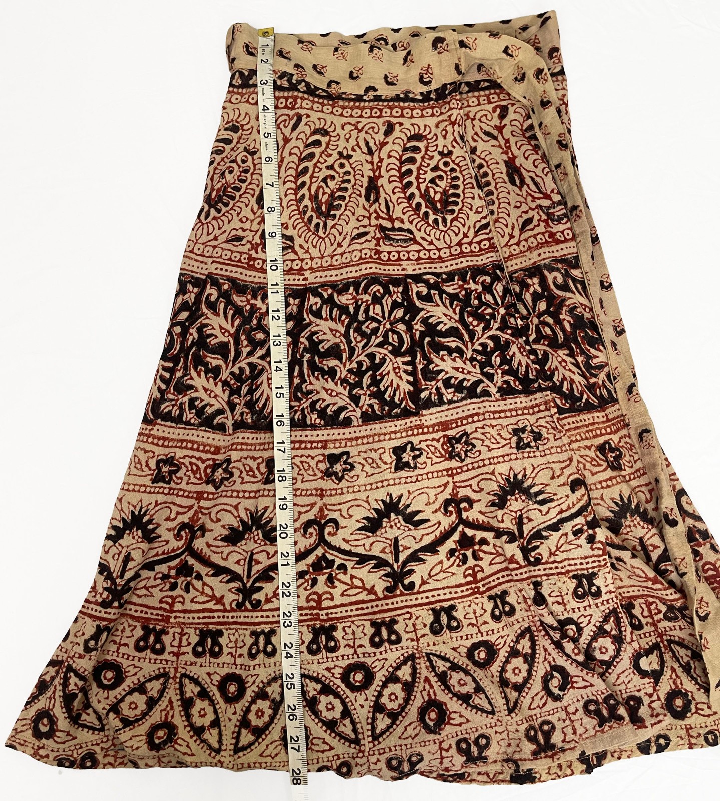 Vintage 70s India Cotton Block Print Wrap Skirt Boho Floral Paisley 35″ Waist