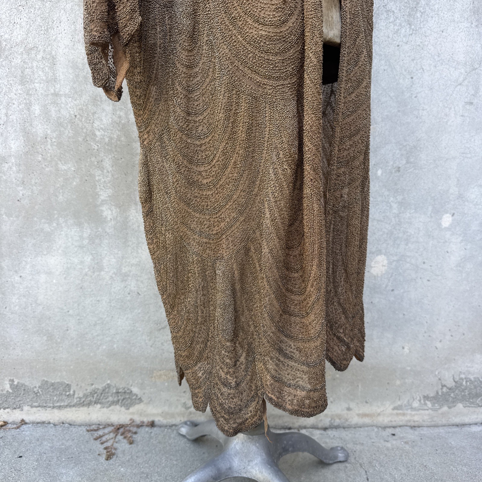 Antique 1920s Completely Beaded Gold Coat Scalloped Hem Art Deco Net Vintage