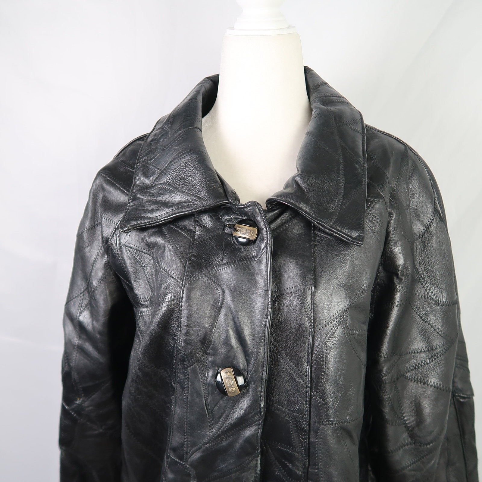 Vintage 90s Maxam Black Patchwork Lambskin Leather Coat Jacket M