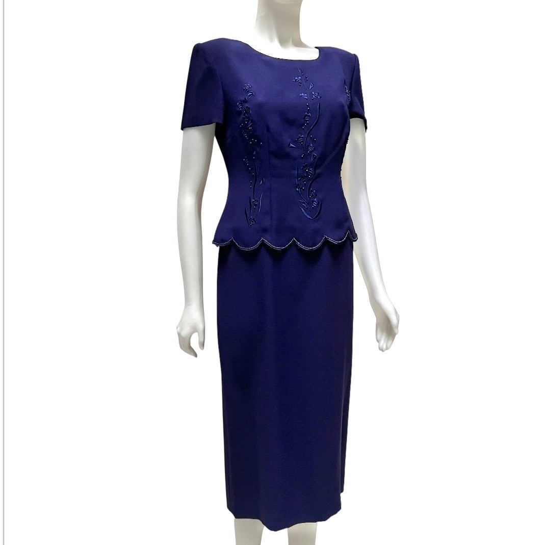 Vtg 90s Donna Morgan Peplum Dress 8P Mock Embroidered Beaded Mother of the Bride