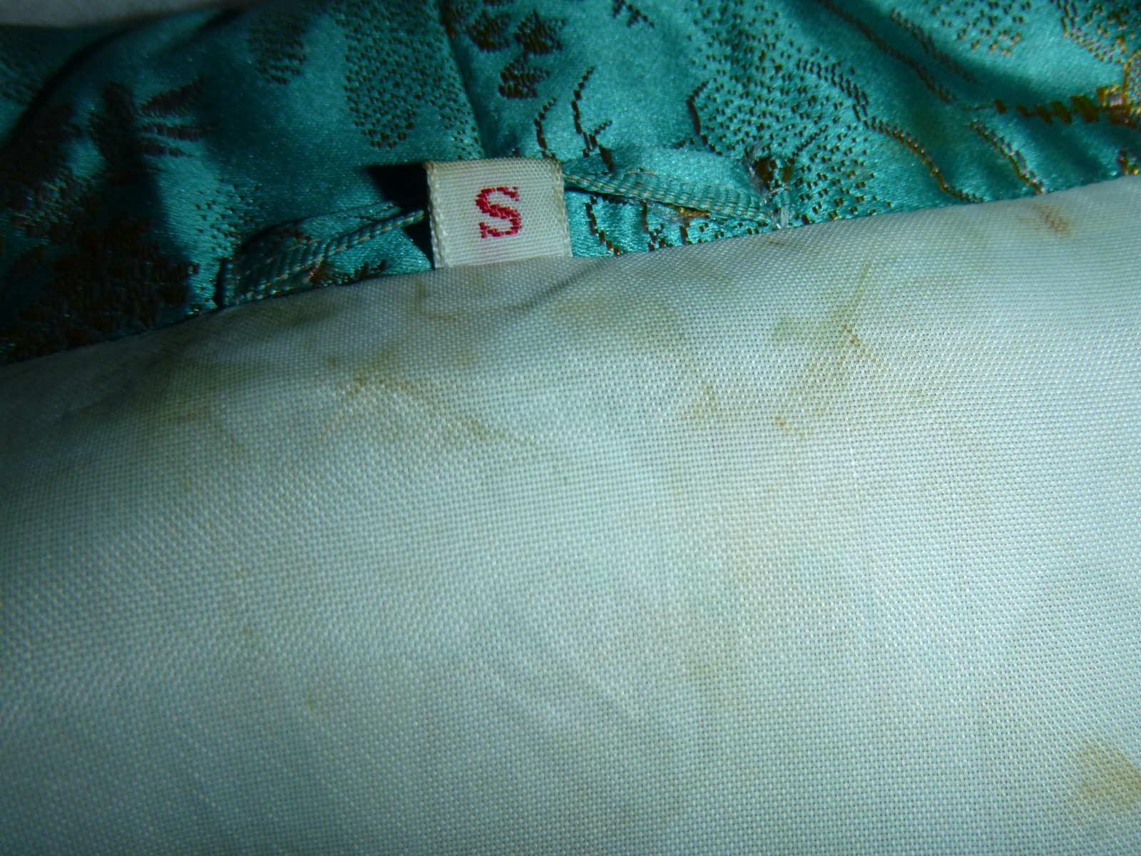 Vtg 40s 50s Aqua & Gold Satin Brocade Robe Dressing Gown Asian Motif Sz S/M