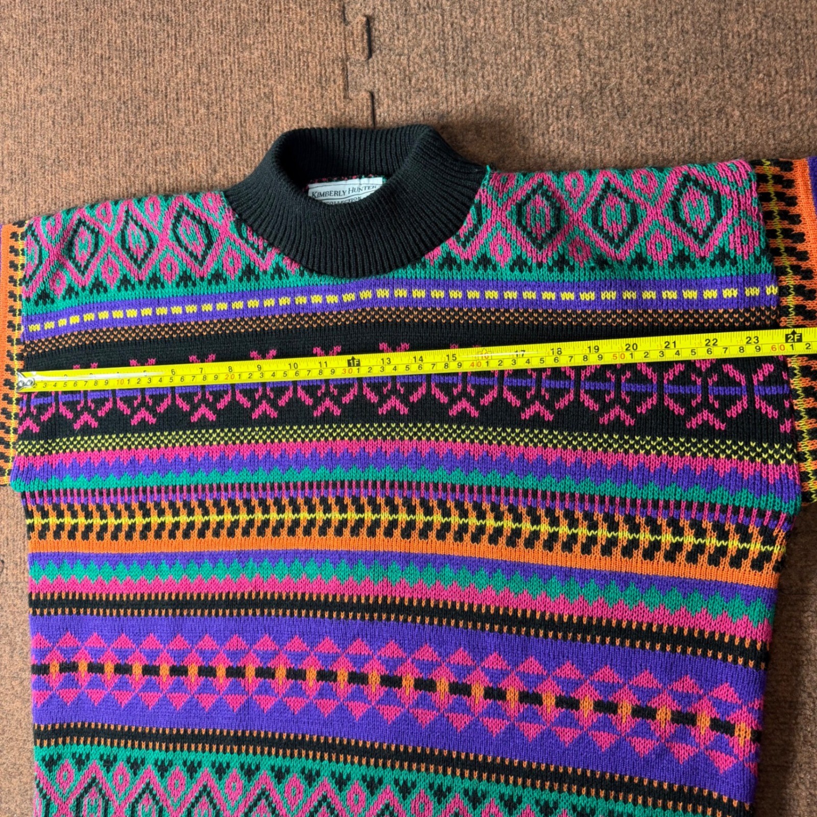 Vintage Kimberly Hunter Neon Geometric Fair Isle Mock Neck Sweater USA Made XL