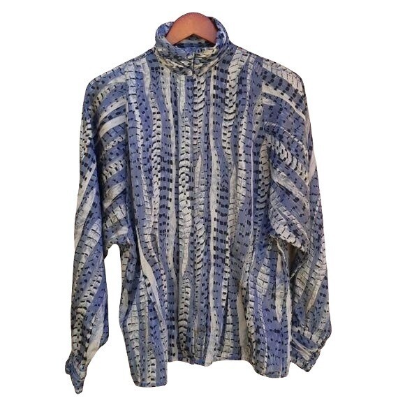 Vintage Tess Blouse 12 Blue Python Mock Neck Bishop Romeo Renaissance Rare
