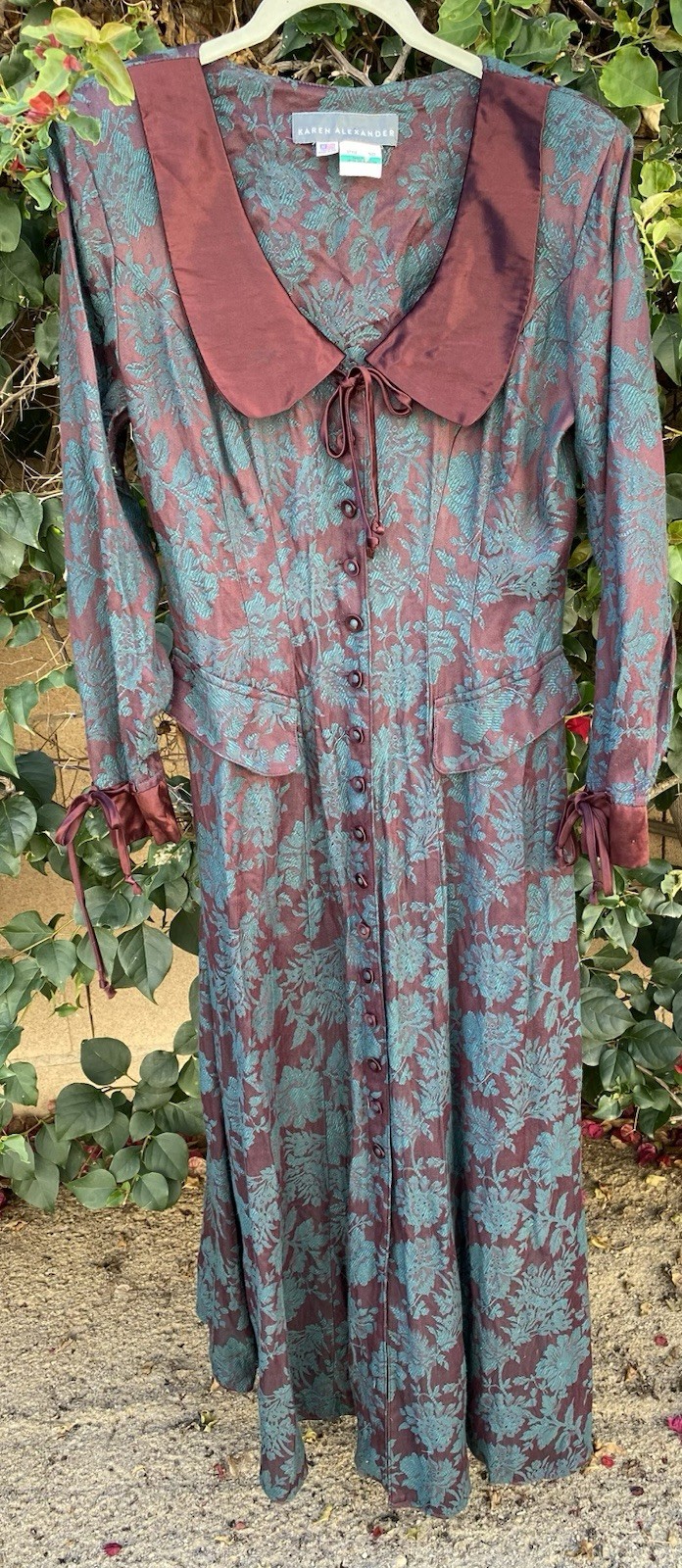 Vintage 80s 90s Karen Alexander Floral Jacquard Maxi Dress Burgundy Green USA 8