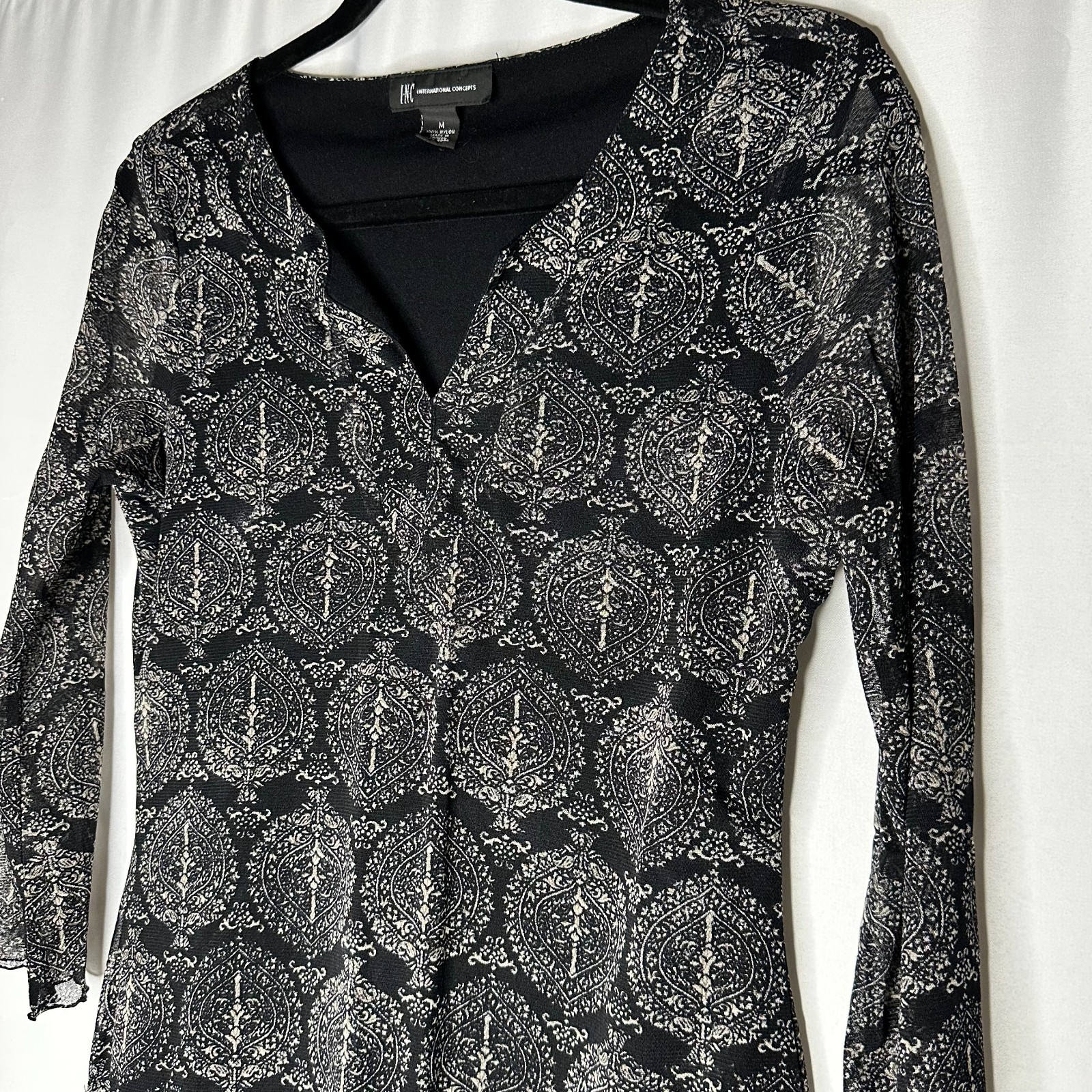 Vtg Y2K INC Blouse Women M Dark Filigree Bell Sleeve Mesh Whimsigoth Romantic