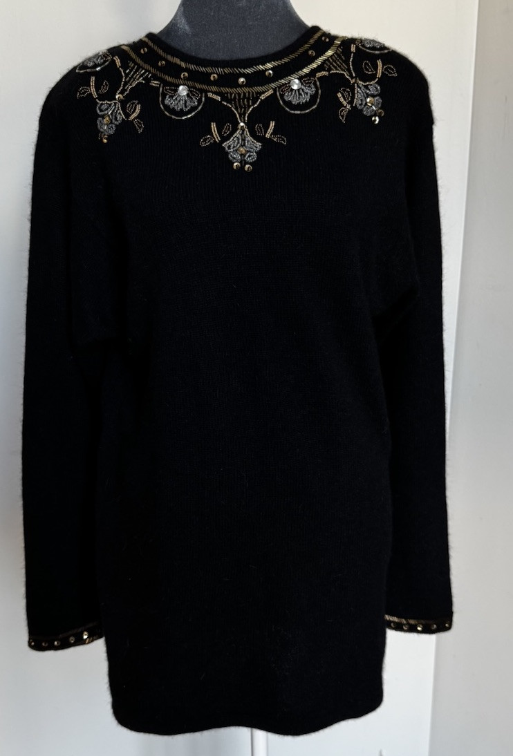 Vtg Boundary Waters Black Angora Lambswool Beaded Sweater Tunic M Embellished