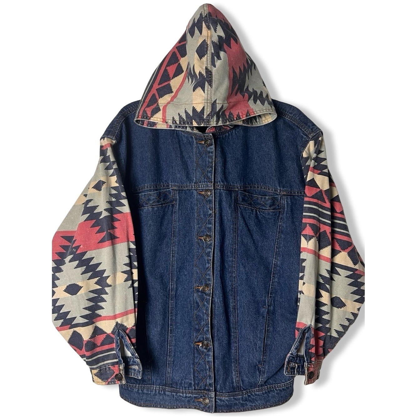 Lavon VTG Womens Denim Jacket Southwestern Aztec Print Hooded Jean Jacket 90s M