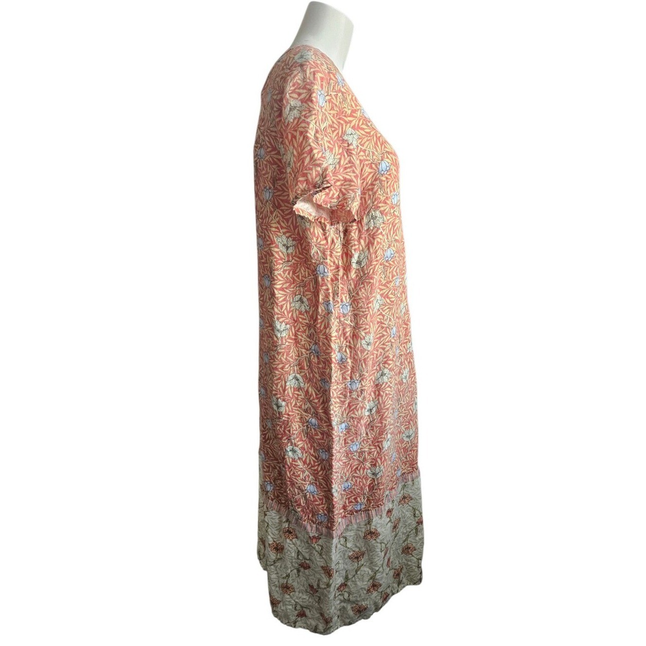 Vintage Flax Coral Pink Linen Floral Midi Dress Women’s Medium Boho Cottagecore