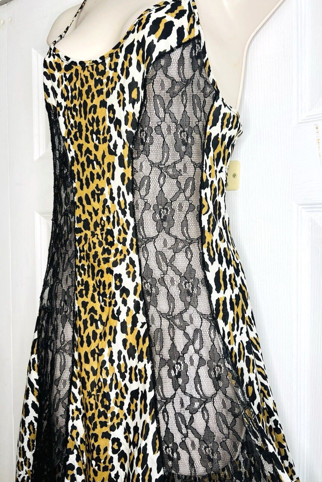 Vtg SEXY Leopard & Black Semi Sheer Lace Panels SMALL Long Negligee Nightgown