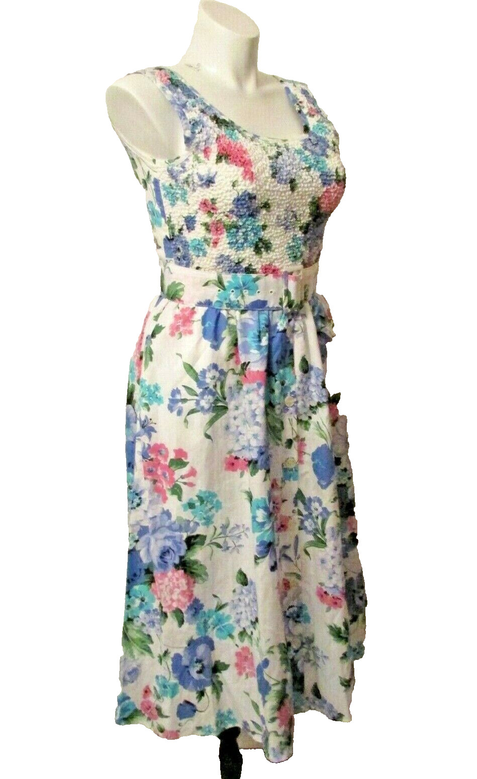 80s Jeffrey & Dara Linda Hutley Cotton Floral Smoked Bodice Dress 11/12 USA made