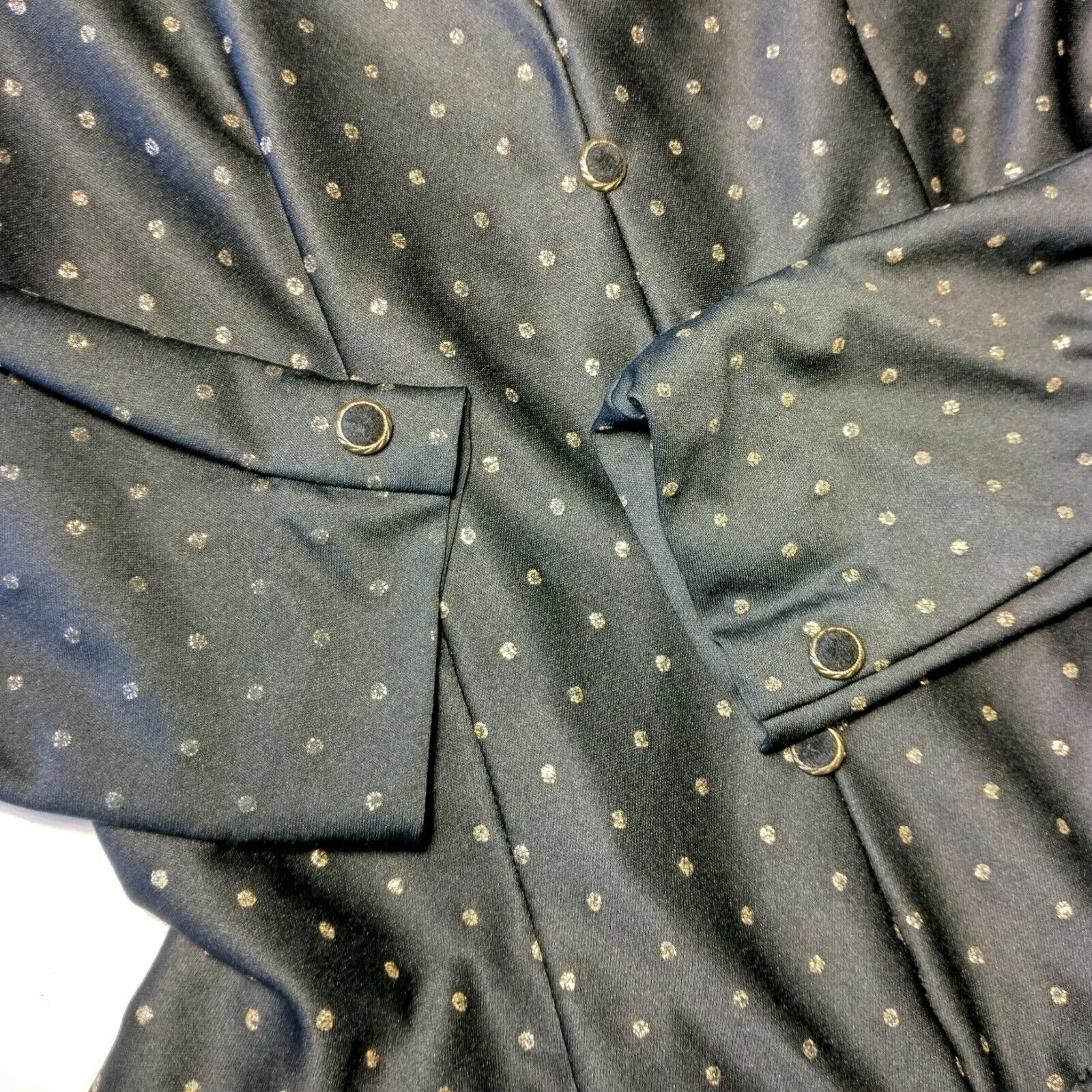 Vintage 1980s Homemade Dress Black Gold Metallic Polka Dot Drop Waist Party Nerd