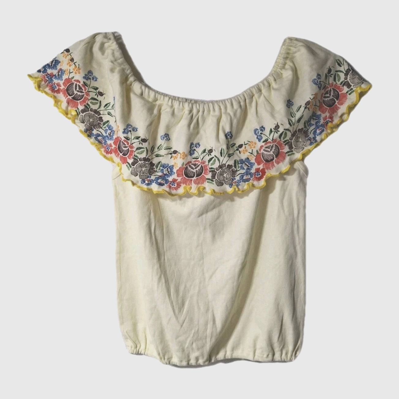 Vtg 60-70s Top Boho Womens S (42) Yellow Retro Pin-up Floral Off Shoulder Fiesta