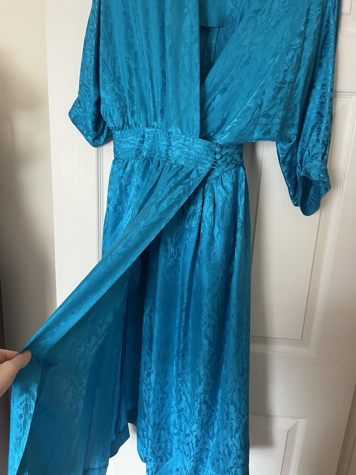 1980s Teal 100% Silk Wrap Midi Dress by Lauren Alexandra Vintage 4 approx XXS 00