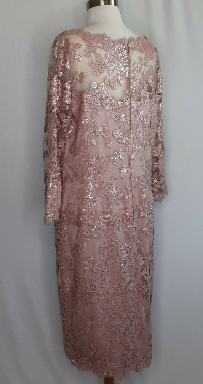 Tadashi Shoji Rose Pink Sequin Lace Floral Sheer Evening Cocktail Dress Sz 16