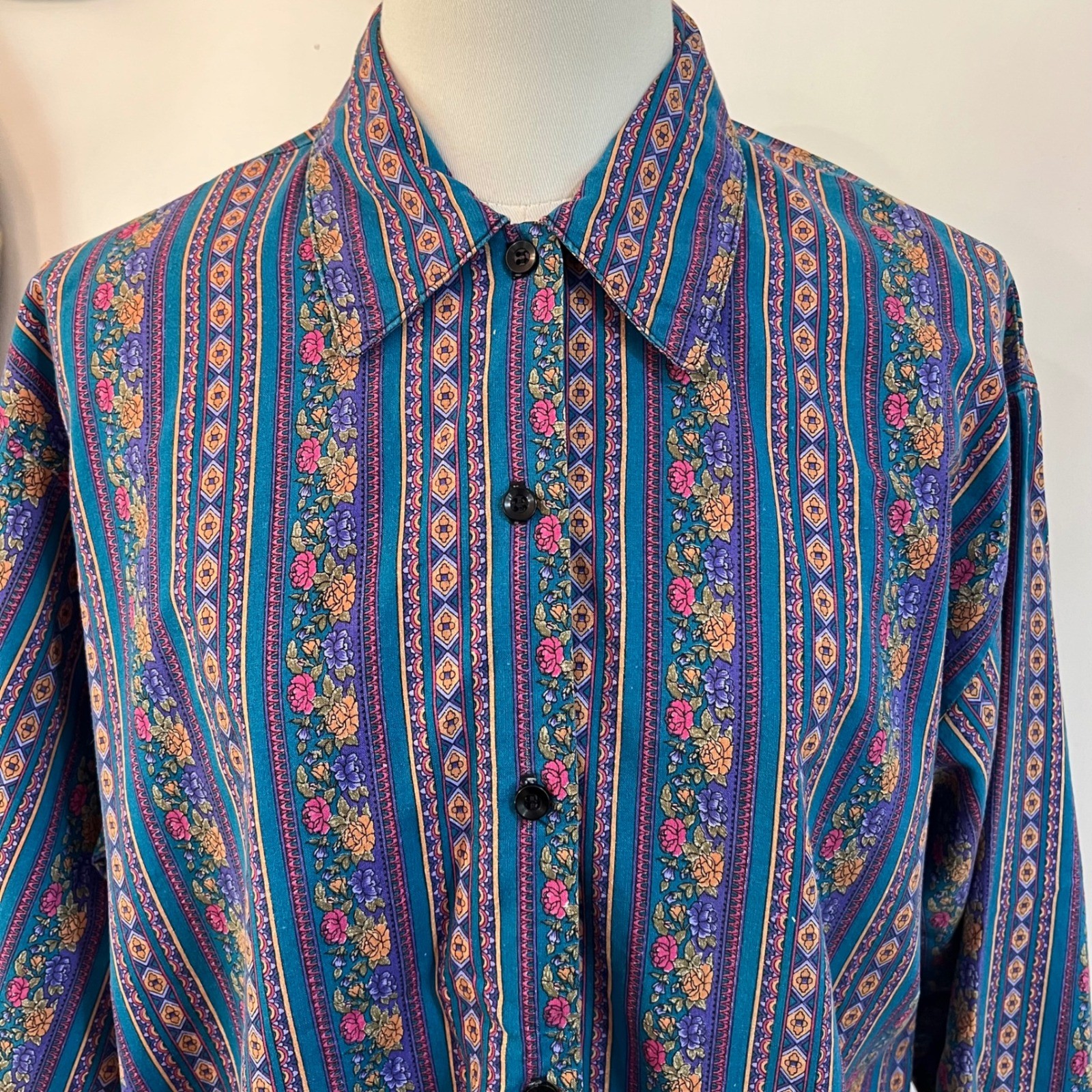 Vintage Jeri Marque Teal Cotton Blend Floral Stripe Button Down Shirt Boho USA M