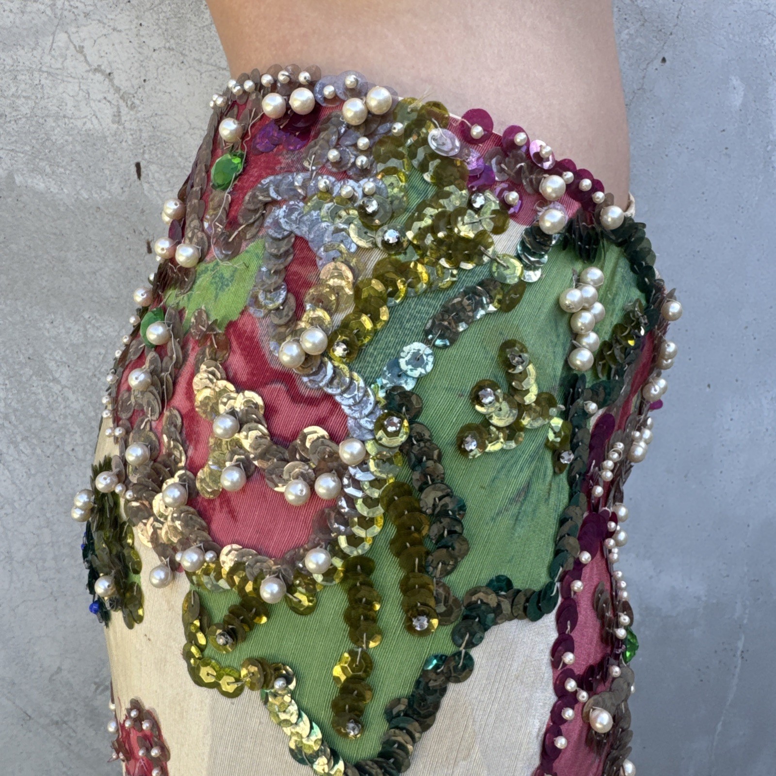 Vintage 1930s Painted Skirt Rhinestones Beading Pearls Flower Showgirl Burlesque