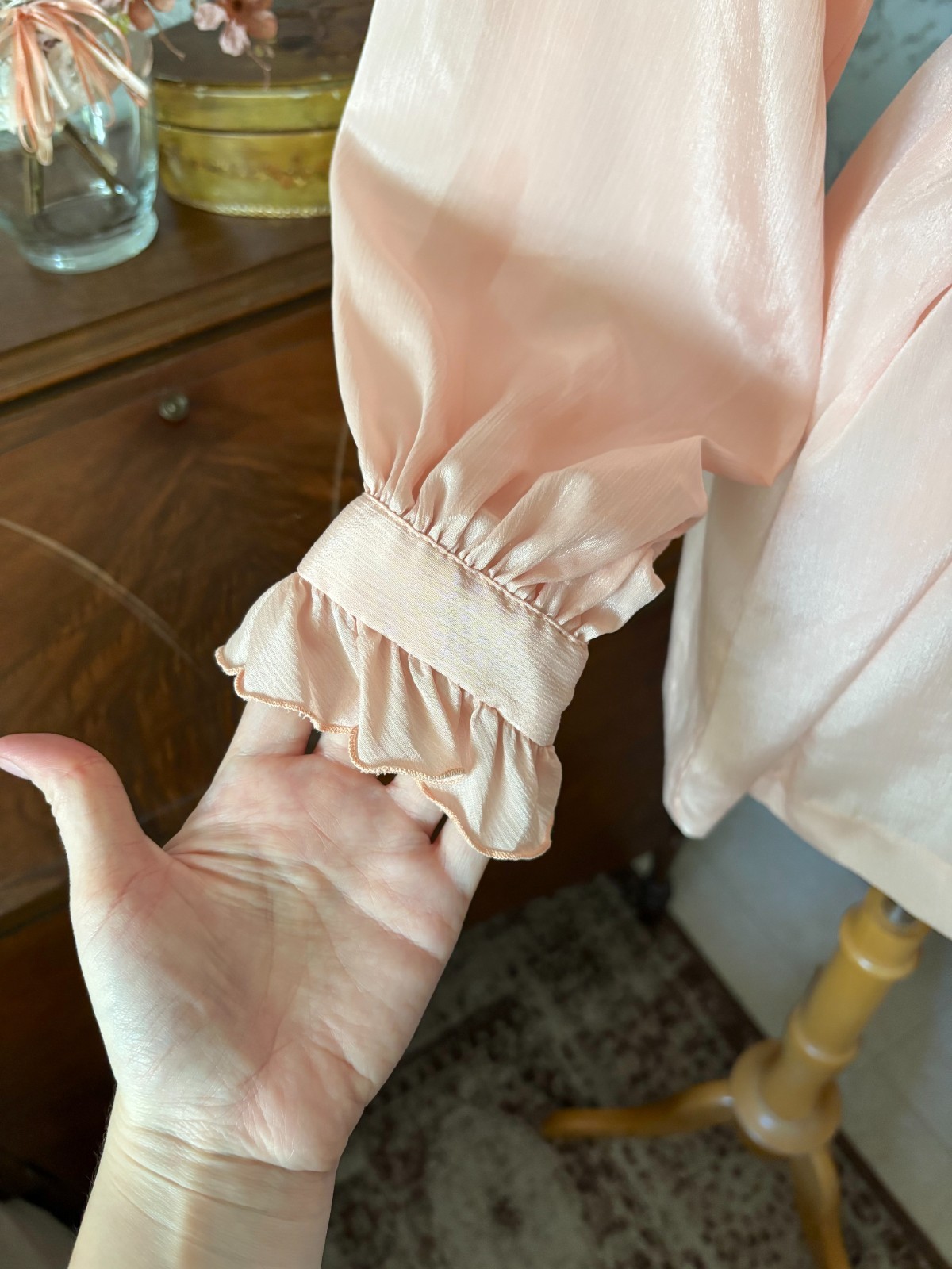 Vintage 70s The French Clique Pink Ruffle Smocked Button Down Blouse: Coquette