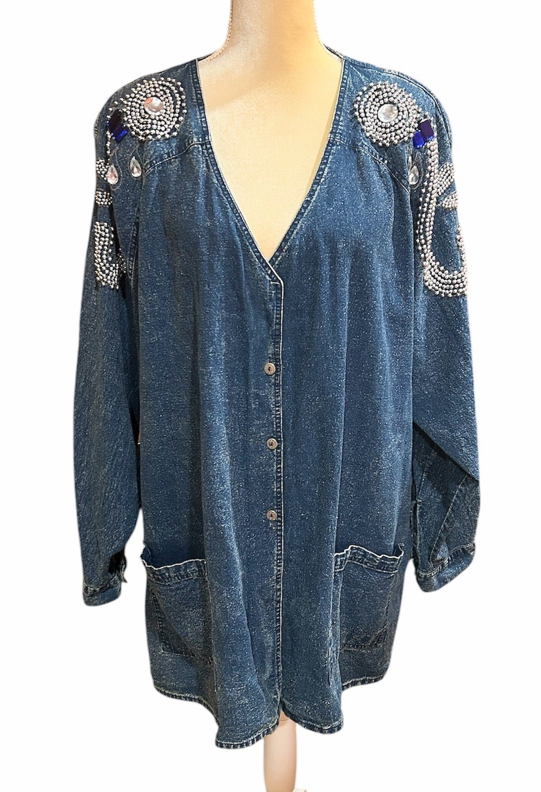 Vintage 80s Denim Acid Wash Embellished Blazer Jacket Plus Sz 26-28 *FLAWS READ
