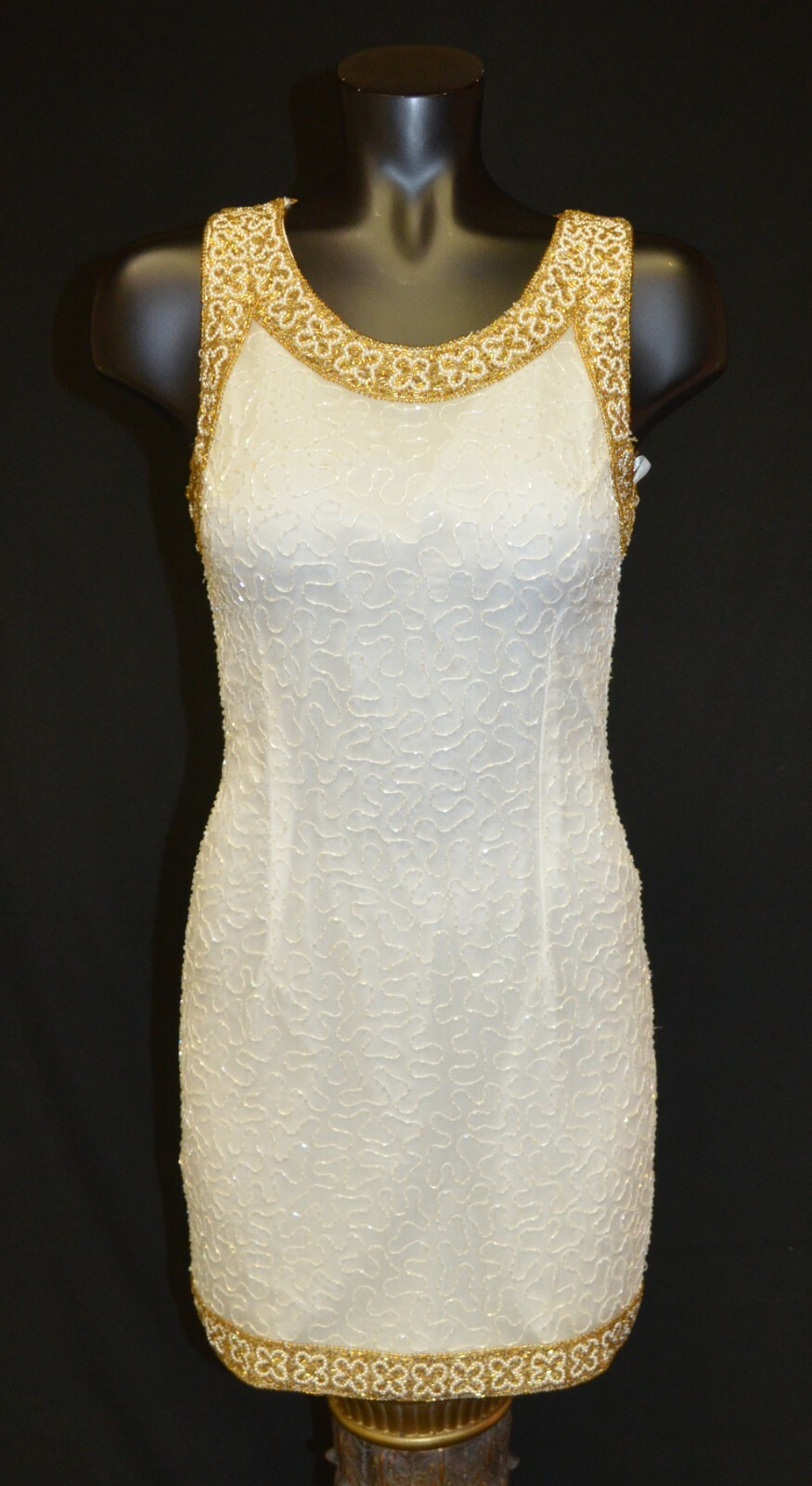 Laurence Kazar Vintage 80s White & Gold Silk Beaded Party Prom Formal Dress PS