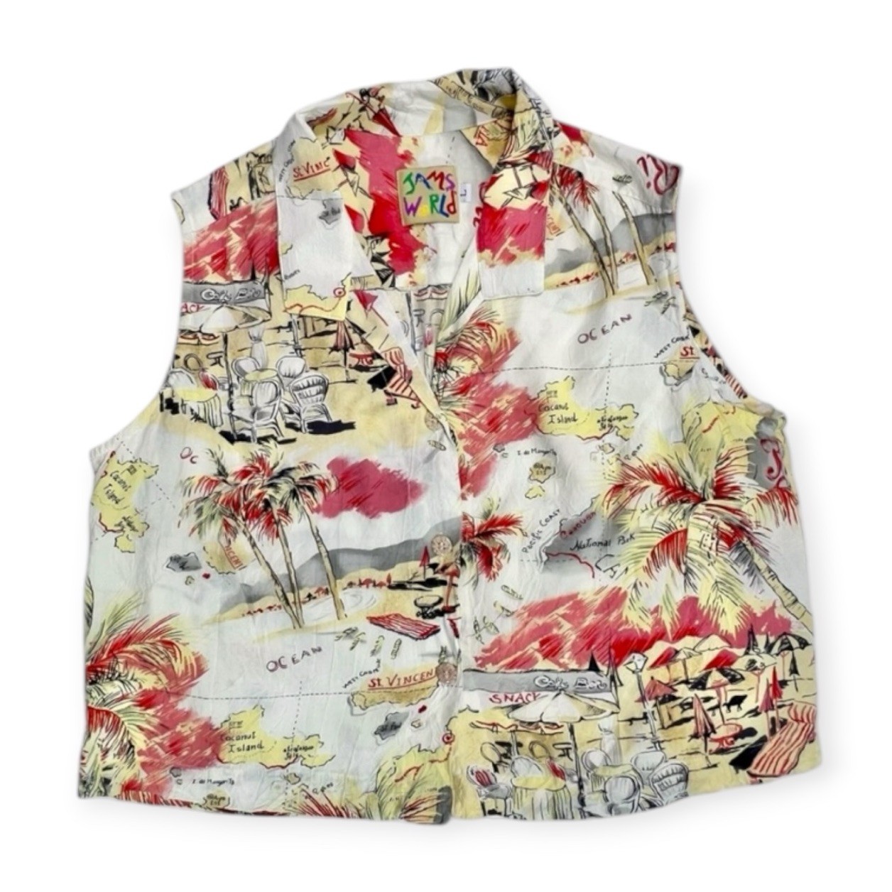VTG JAM’S WORLD RAYON HAWAIIAN SHIRT L NEW WAVE RESORT TRAVEL BEACH HAWAII MAP