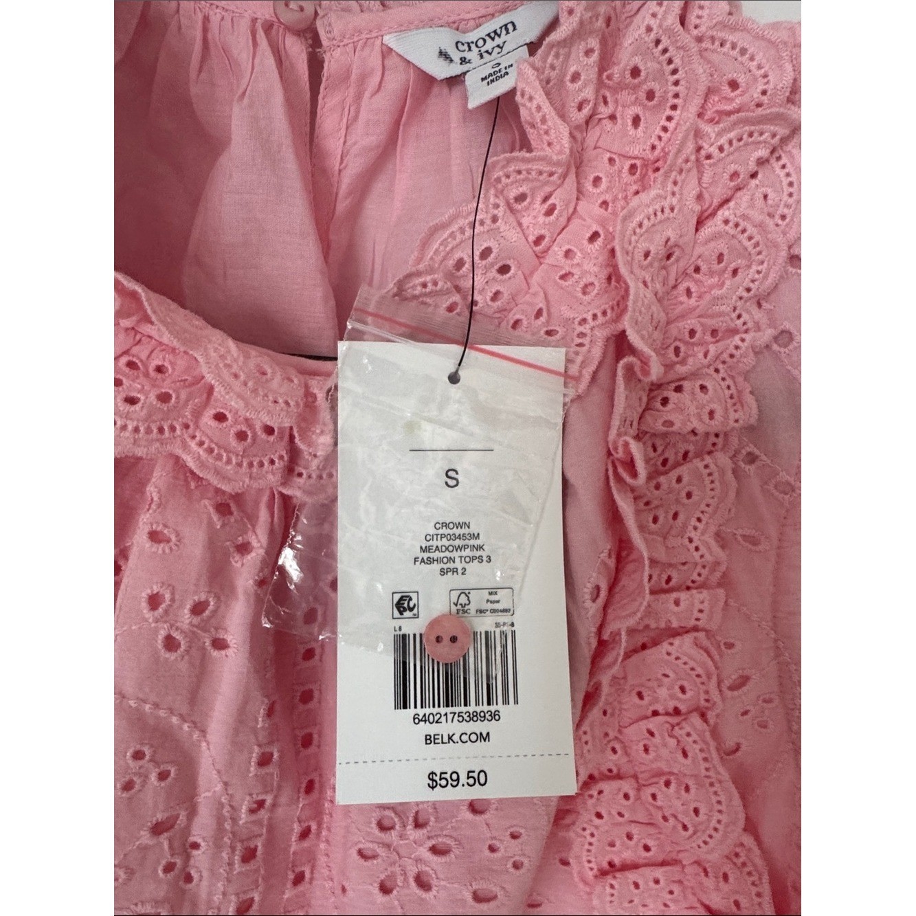 NWT Crown & Ivy Pink Eyelet Ruffle Sleeveless Blouse Top Cottagecore Cotton S