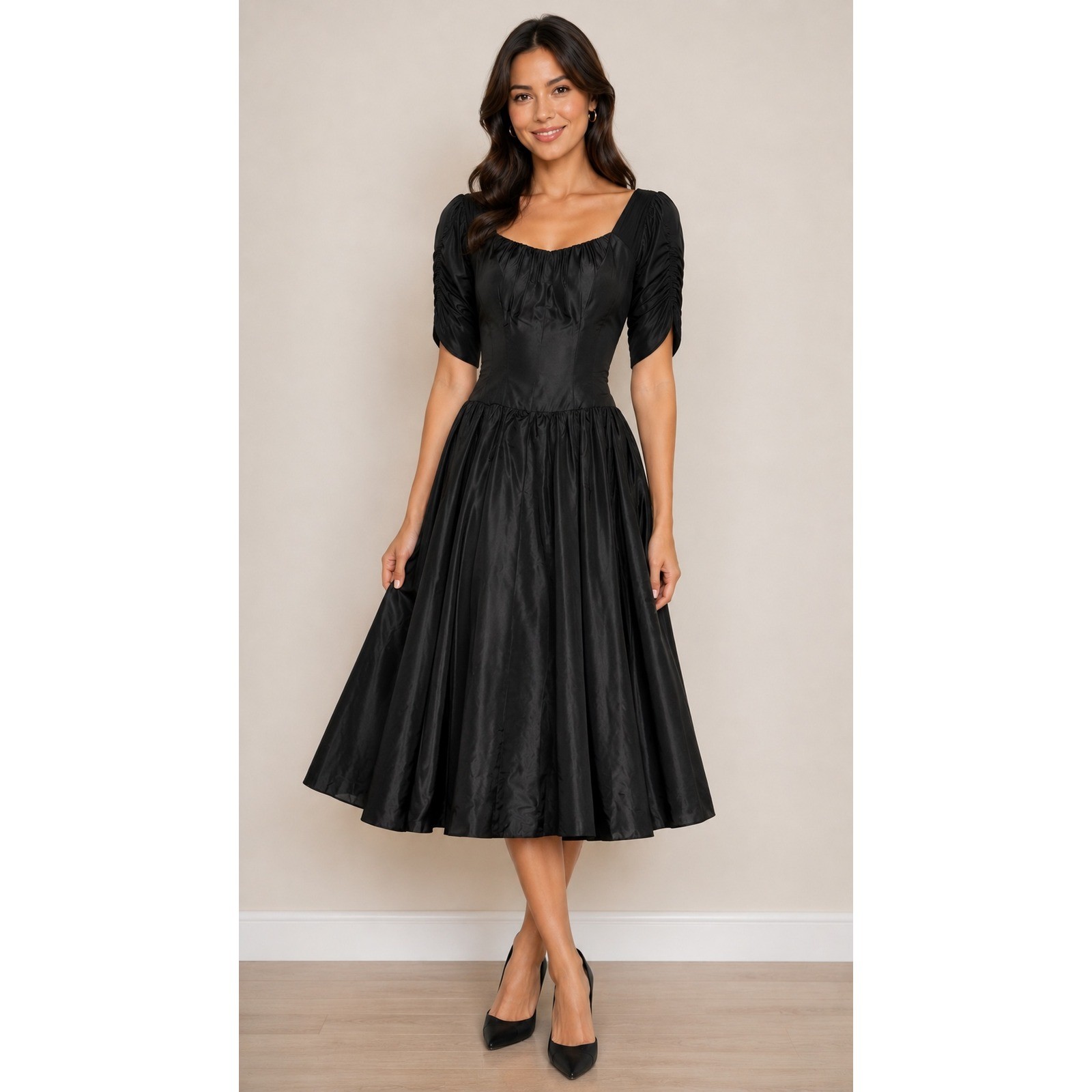 Vintage 1950s Black Taffeta Petticoat Cocktail Dress Small Dark Academia Pinup