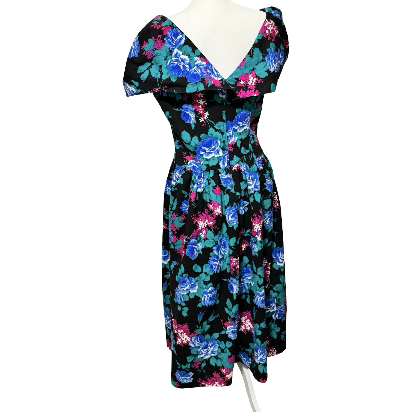 Vintage 80s Floral Party Dress SL Fashions Size Large Big Collar Tea Cottage
