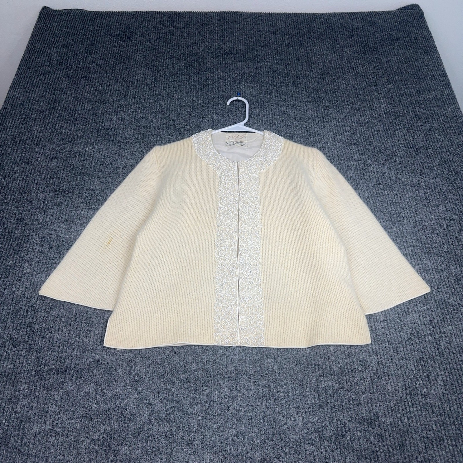 Vintage Lord & Taylor Beaded Cardigan Womens L Ivory Lambs Wool Angora Shrug