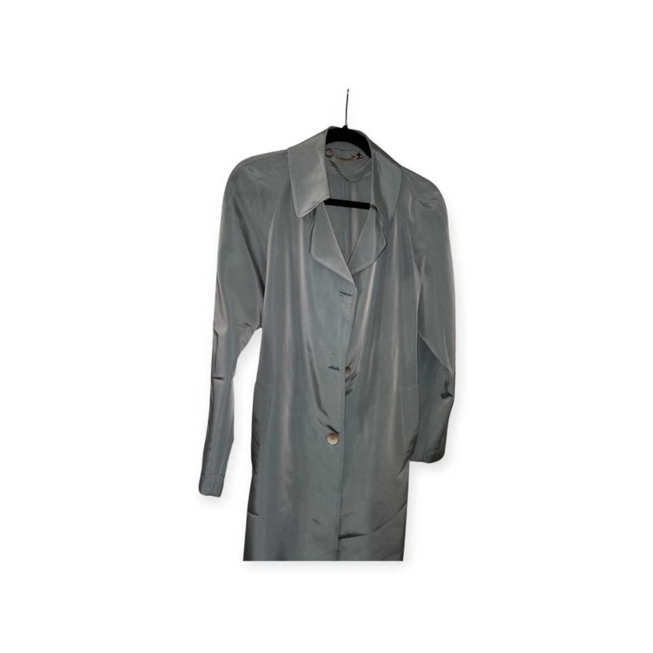 Vintage Silvery Blue Satin Trench Coat Women’s Lightweight Belted Duster Jacket