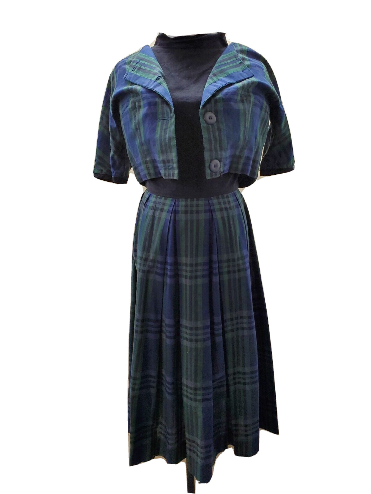 60s L’Aiglon Plaid Dress and Bolero Jacket with Pleats. Size 12. Blue and Green