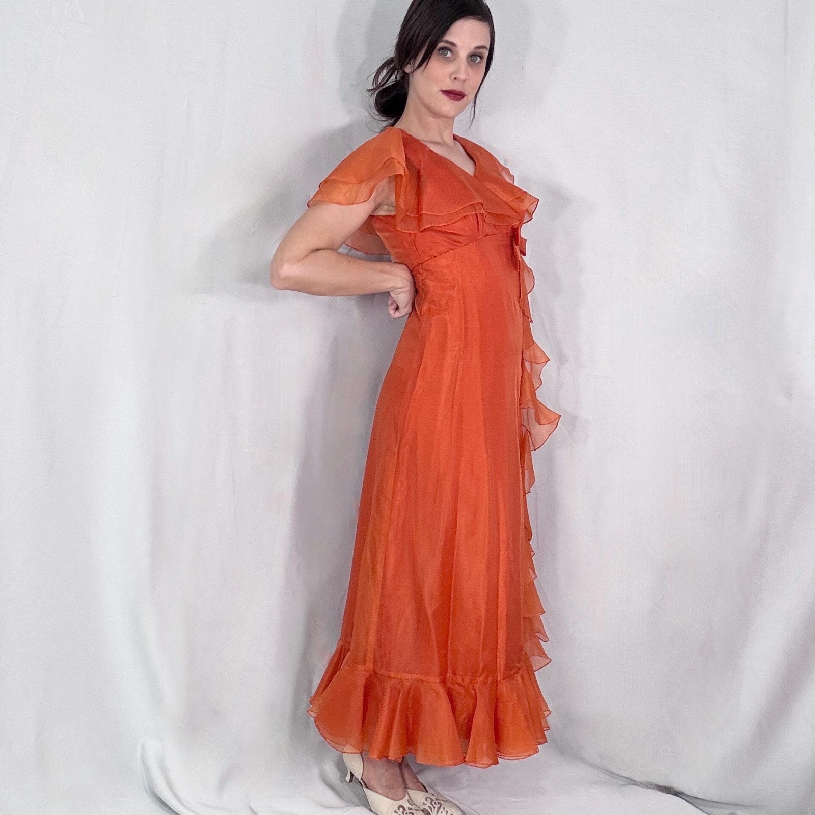 Vintage 70s Gown 2 Orange Sheer Organza Empire Waist Cape Sleeve Glam Formal
