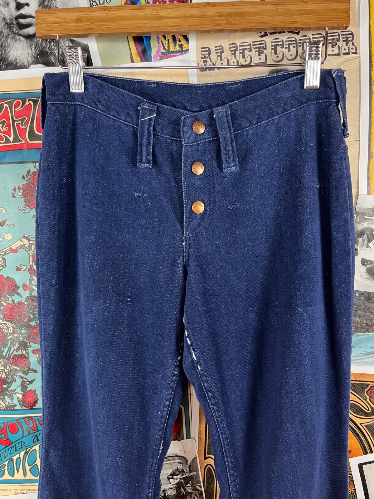 Vintage 70s Dark Wash Junior Low Rise Wrangler Bell Bottom Denim Flares 28×29
