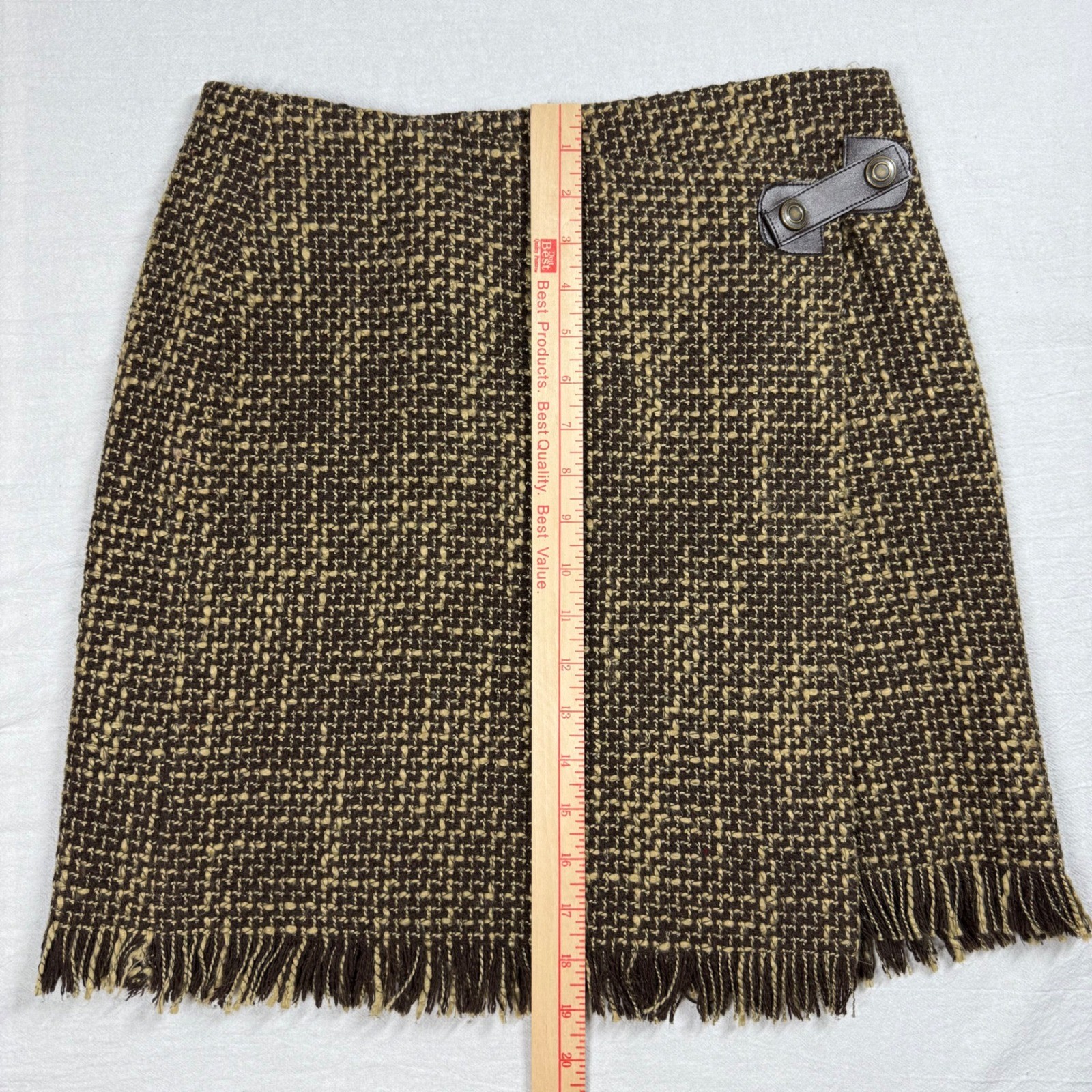 British Khaki Wool Blend Fringe Wrap Skirt Size 4 Brown Tweed Vintage Heritage
