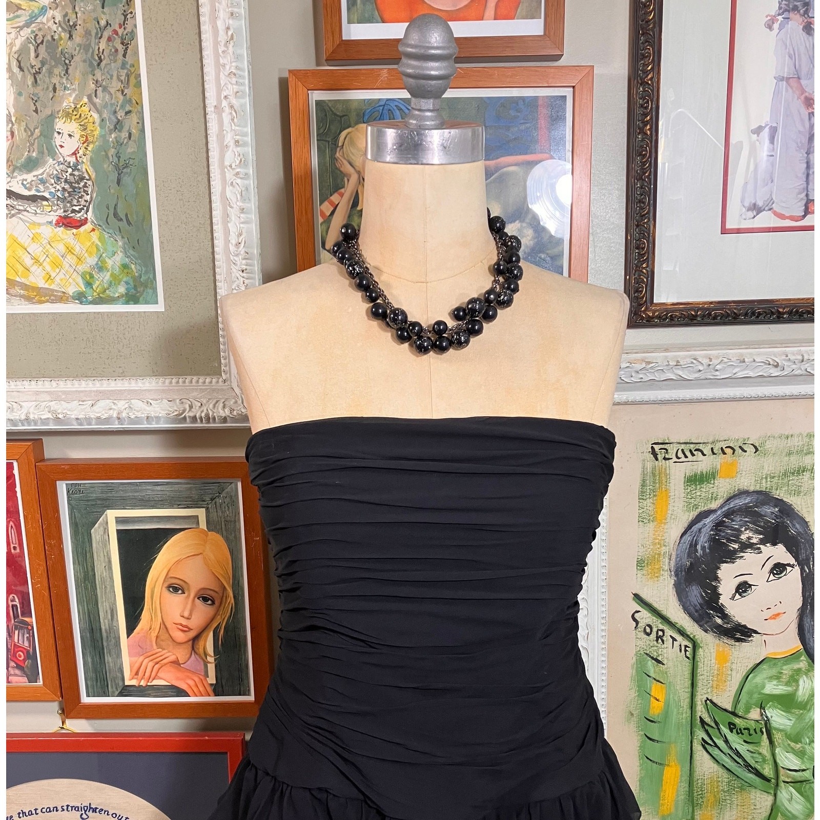 Vintage 1980s Kay Unger New York Silk Strapless Dress Ruffled Layered LBD