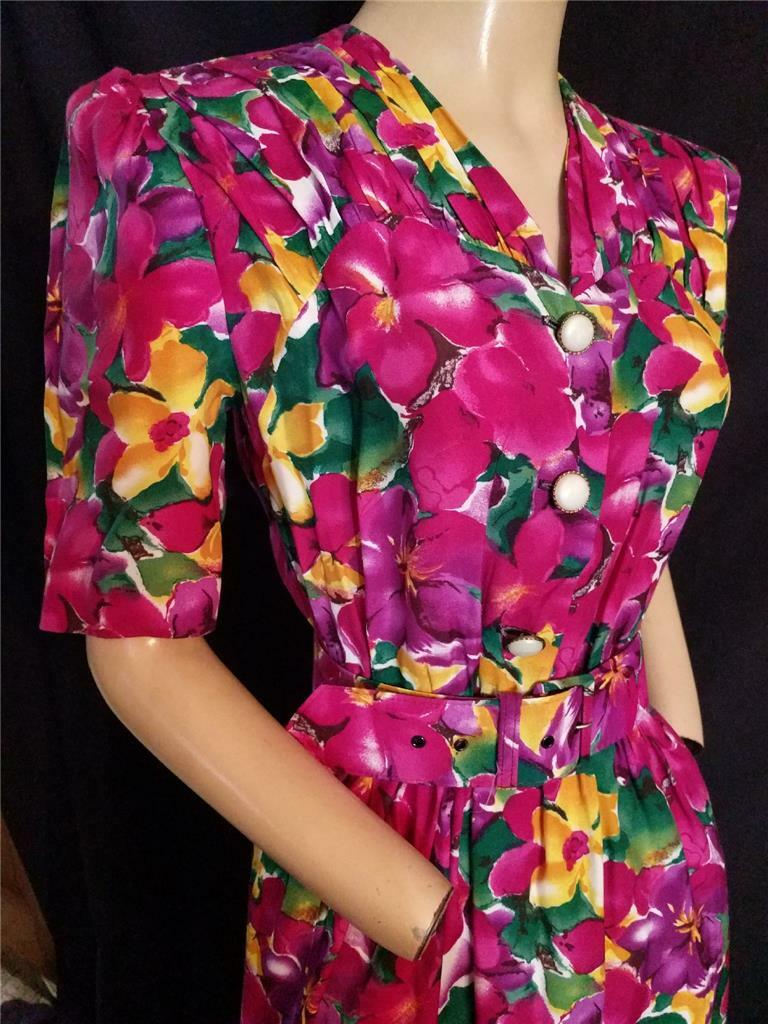 1980’s VINTAGE FLORAL RAYON FULL E.D. MICHAELS SPRING DRESS-38″ BUST-USA