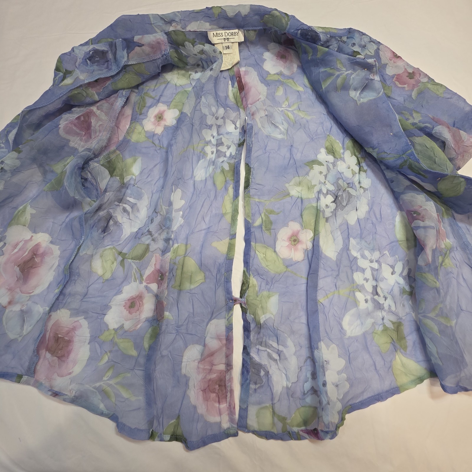 Miss Dorby Vtg Size 14 Floral Crinkle Button Up Fly Away Blouse Periwinkle Fairy