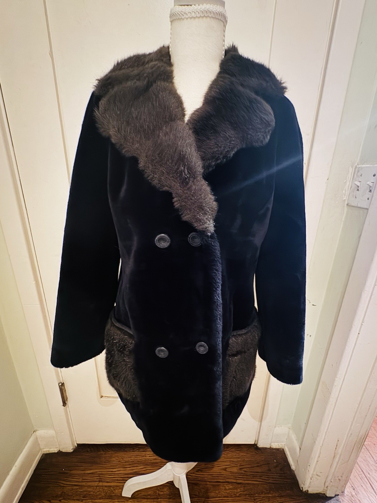 Vintage Borgana Faux Fur Coat Russel Taylor Black Brown Mink Collar 50s 60s M
