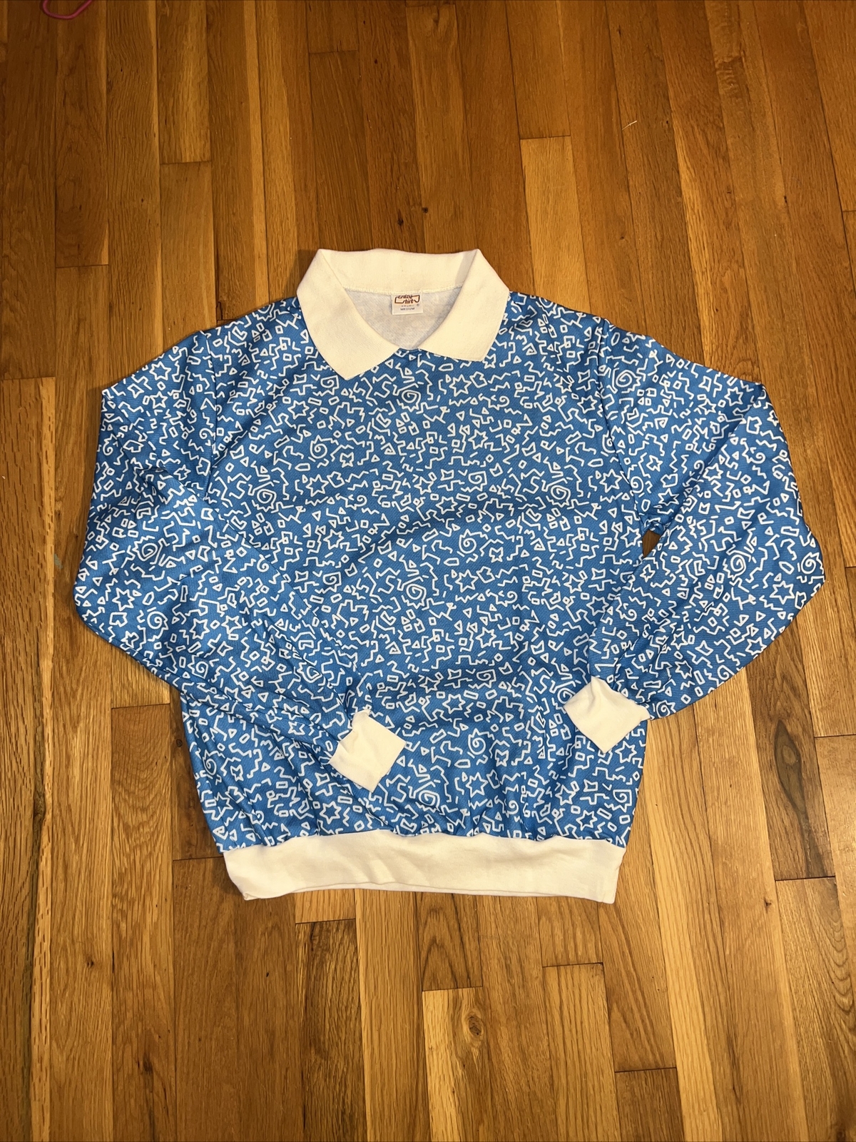 1980s Crazy Shirt Hawaii Women’s Medium Blue White Doodle Long Sleeve