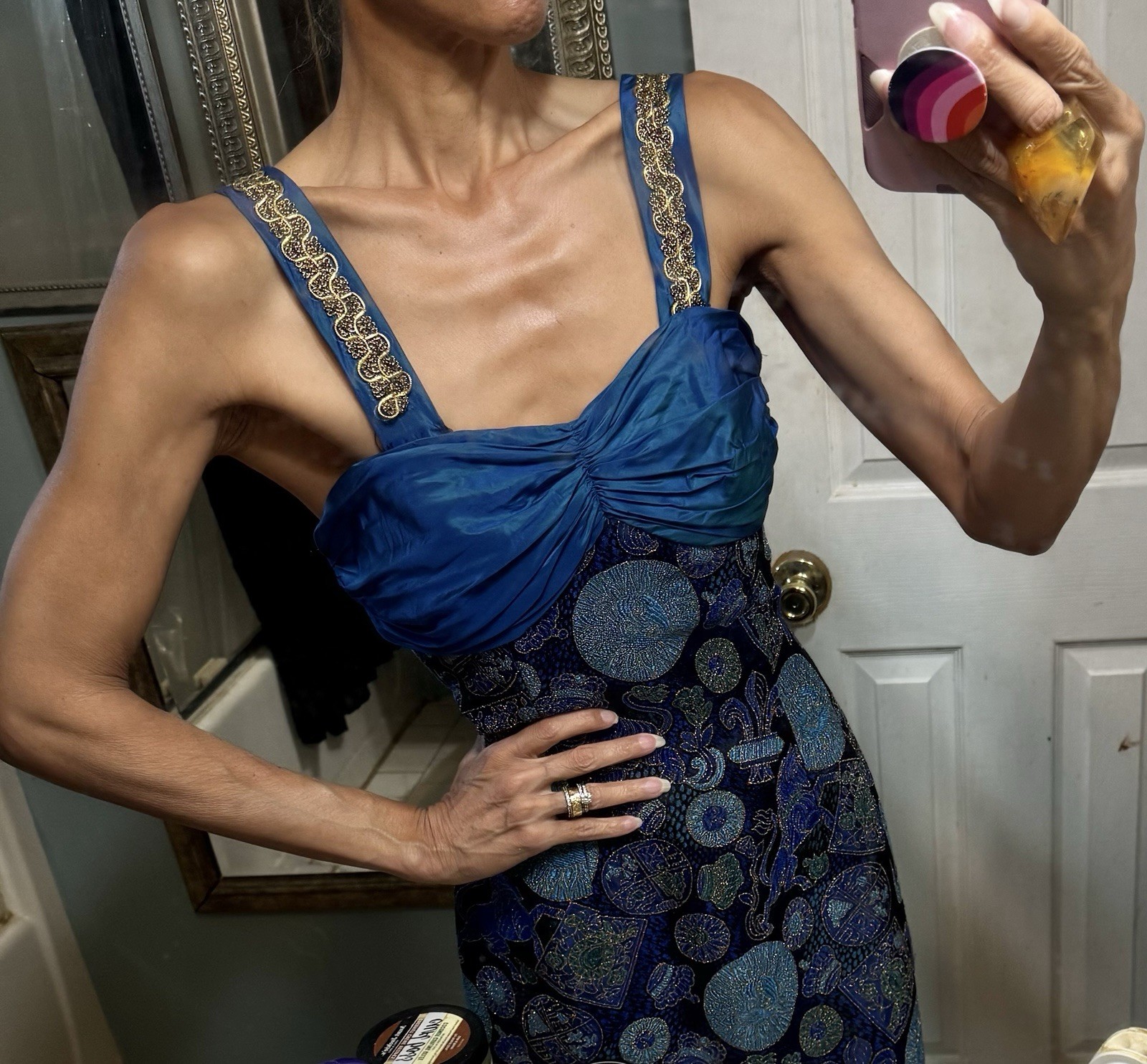 Vtg Guy Laroche France Blue Ruched Column Pencil Dress Metallic Lion Regal Gold