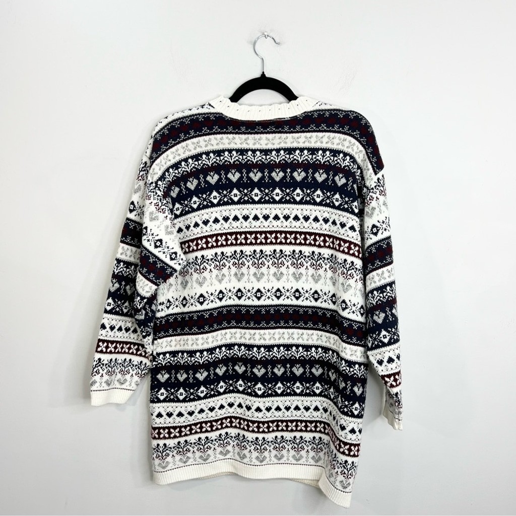 Vintage Carroll Reed acrylic ivory navy burgundy fair isle boxy tunic cardigan L