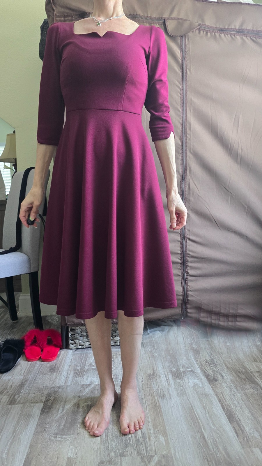 Vintage inspired dress, S/XS Dressy Star, below knee, vine red, 3/4 sleeve